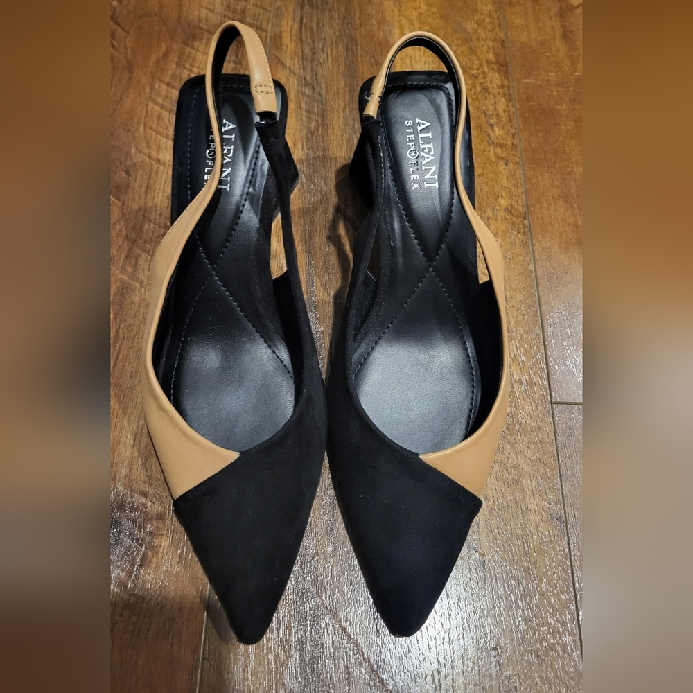 Alfani Black and Tan Pointed Slingback Chunky Heels Two-Tone Chic Suede Look 7.5